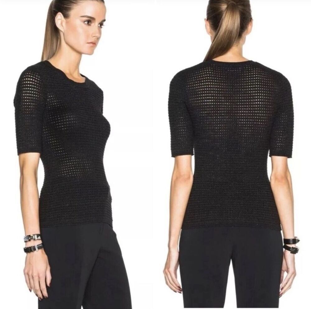 Yigal Azrouël Fishnet Knit Blouse Size M Black Short Sleeve Grunge Minimalist